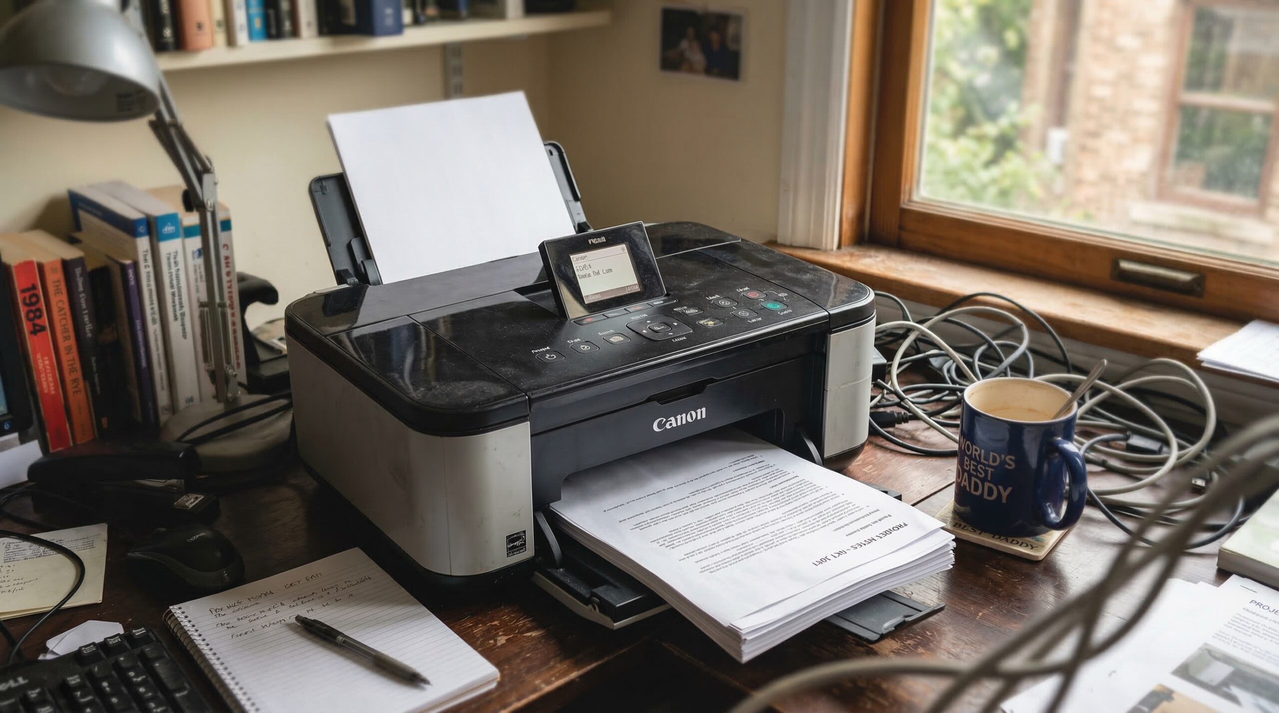 Impresora antigua de oficina sobre un escritorio de madera, imprimiendo documentos junto a cables enredados, una libreta y una taza de café.